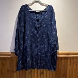 Ulla Popken Star Print Long Sleeve Tunic Blouse Sz 32/34 Navy White Casual